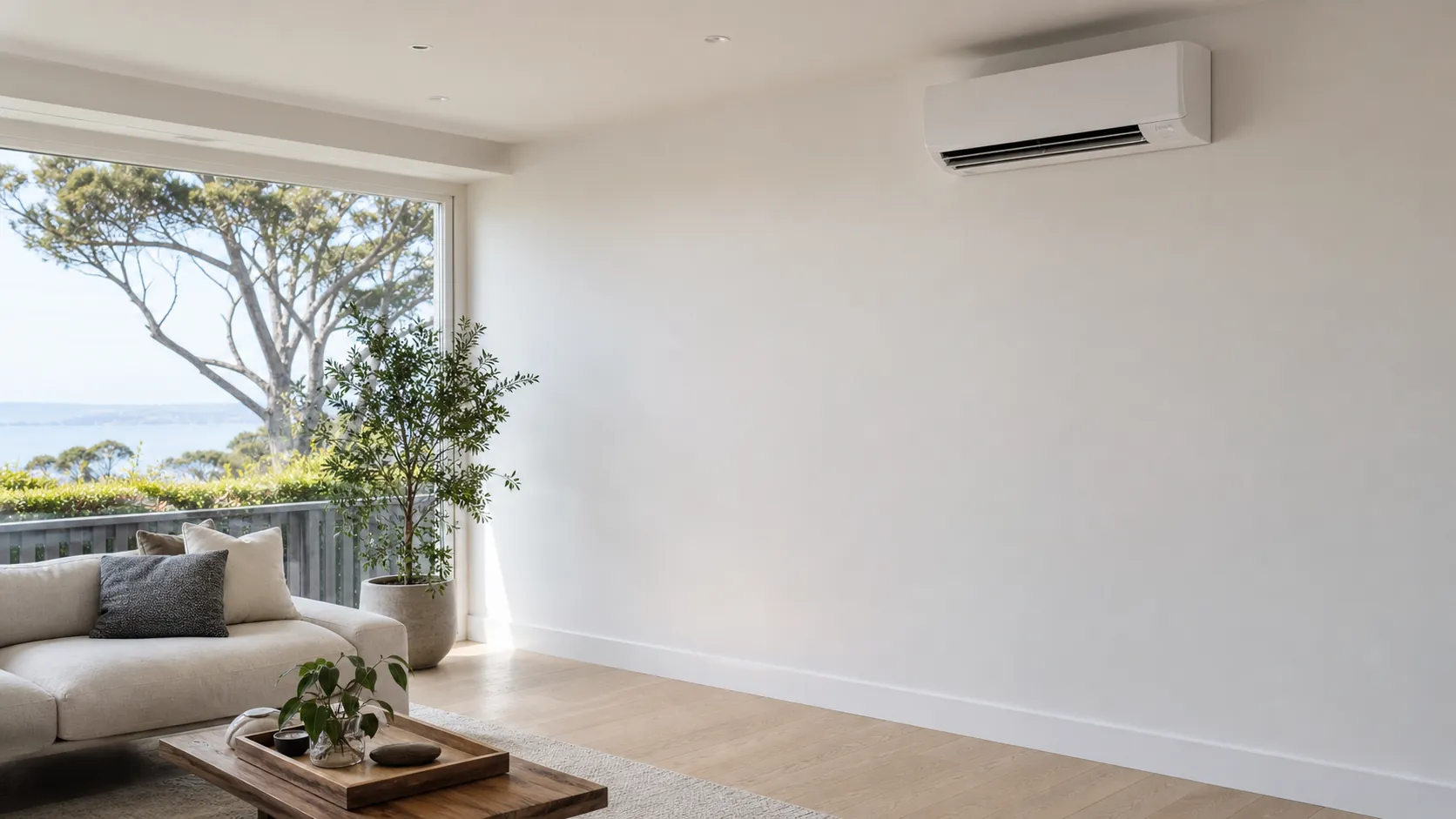 Wall-mounted ductless mini-split indoor unit high on the wall of a bright, modern Bay Area living room with natural daylight.